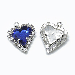 Zafiro Colgantes de diamantes de imitación de cristal, con fornituras de latón de tono platino, corazón, zafiro, 21x16.5x6 mm, agujero: 2 mm