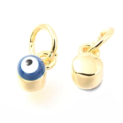 Deep Sky Blue Brass Enamel Pendants, Long-Lasting Plated, Real 18K Gold Plated, with Jump Rings, Column with Evil Eye, Deep Sky Blue, 5x3.5x4.5mm,Jump Ring: 5x0.6mm, 3mm inner diameter.