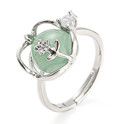 Зеленый Авантюрин Регулируемое кольцо круглой формы с натуральным зеленым авантюрином и цветком, платиновое латунное кольцо с хрустальными стразами, внутренний диаметр: 18 мм