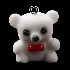 White Flocky Resin Pendants, Bear Charms with Platinum Plated Iron Loops, White, 25x20x13.5mm, Hole: 2mm