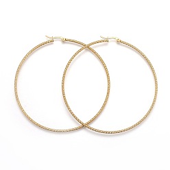 Golden 304 Stainless Steel Big Hoop Earrings, Hypoallergenic Earrings, Textured Ring Shape, Golden, 12 Gauge, 90x86x2mm, Pin: 1mm