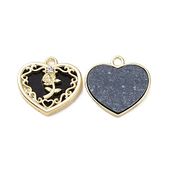 Black Alloy Micro Pave Cubic Zirconia Pendants, with Resin, Light Gold, Heart with Rose, Black, 19.5x20x3.5mm, Hole: 2mm