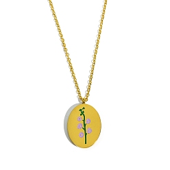 July Larkspur Birth Month Flower Style Titanium Steel Oval Pendant Necklace, Golden, July Larkspur, 15.75 inch(40cm)