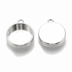 Real Platinum Plated Brass Pendant Cabochon Settings, Plain Edge Bezel Cups, Flat Round, Nickel Free, Real Platinum Plated, Tray: 10mm, 14x11.5x3.5mm, Hole: 1.5mm