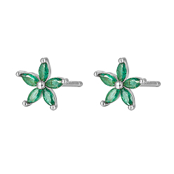 Medium Sea Green Cubic Zirconia Flower Stud Earrings, Silver 925 Sterling Silver Post Earrings, Medium Sea Green, 7.2mm