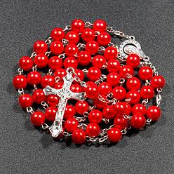 Roja Collar de cuentas de rosario de perlas de imitación de plástico para Pascua, Collar con colgante de cruz de crucifijo de aleación con cadenas de hierro, rojo, 27.56 pulgada (70 cm)