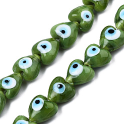 Olive Drab Handmade Evil Eye Lampwork Beads Strands, Heart, Olive Drab, 12~12.5x12~13x7.5mm, Hole: 1.2mm, about 33pcs/strand, 14.76 inch(37.5cm)