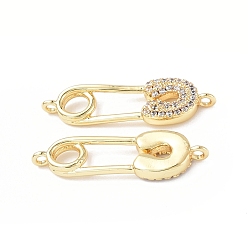 Real 18K Gold Plated Eco-Friendly Rack Plating Brass Micro Pave Clear Cubic Zirconia Connector Charms, Safety Pins Links, Long-Lasting Plated, Lead Free & Cadmium Free, Real 18K Gold Plated, 25.5x8x3mm, Hole: 1.2mm