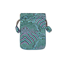 чирок Тканевые сумки в китайском стиле с пейзажным принтом, мешочки на шнурке для хранения украшений, прямоугольные, зелено-синие, 15x10 см