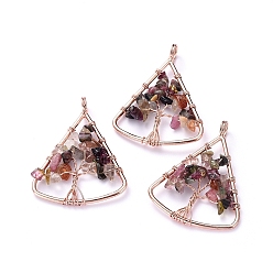 Tourmaline Long-Lasting Plated Brass Pendants, Wire Wrapped Pendants, with Natural Tourmaline Chips, Triangle with Tree, Rose Gold, 39~40x30~31x4~8mm, Hole: 4.5mm