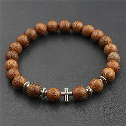 Cross Wood & Alloy Beaded Stretch Bracelet, Cross, 6-3/4~7-1/2 inch(17~19cm)