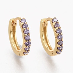 Real 18K Gold Plated Brass Micro Pave Cubic Zirconia Huggie Hoop Earrings, Long-Lasting Plated, Ring, Lilac, Real 18K Gold Plated, 12x14.5x2mm, Pin: 1mm