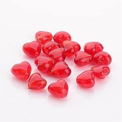 Rouge Cadeaux de Saint-Valentin pour ses idées, perles de verre en feuille d'or faites à la main, cœur, rouge, 12x12x8mm, Trou: 2mm