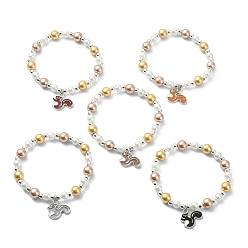 Mixed Color Synthetic Hematite & Glass Pearl Round Beaded Stretch Bracelet with Alloy Enamel Squirrel Charm, Mixed Color, Inner Diameter: 2 inch(5.2cm)