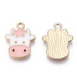 Pink Light Gold Plated Alloy Pendants, with Enamel, Dairy Cow, Pink, 19x14x2mm, Hole: 2mm
