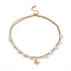 Doré  Collier double couche de perles d'imitation et de chaînes à chevrons, 304 collier bohème à breloque papillon en acier inoxydable pour femme, or, 18.11 pouce (46 cm)