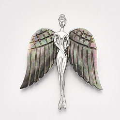 Black Black Lip Shell Brooches/Pendants, with Alloy Findings, Angel, Platinum, Black, 64x49x14mm, Hole: 8x4mm, Pin: 0.6mm
