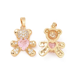 Pink Real 18K Gold Plated Brass Micro Pave Clear Cubic Zirconia Pendants, Bear Charms, Pink, 21x16x5mm, Hole: 4.5x2.5mm