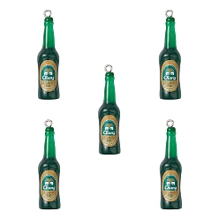 Vert Pendentifs en résine transparente, avec des autocollants et des boucles de fer de ton platine, mini breloques de bouteille de bière, verte, 36x10mm