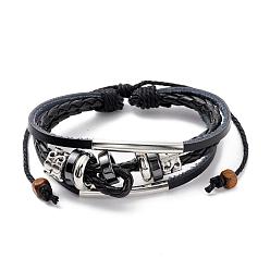 Black Adjustable Casual Unisex Zinc Alloy and Braided Leather Multi-strand Bracelets, Black, 300mm