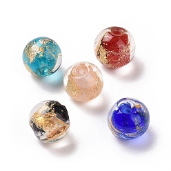 Color mezclado Perlas de cristal hechas a mano la hoja de oro, rondo, color mezclado, 10x9~10 mm, agujero: 1.6~2 mm