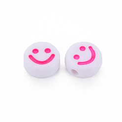 Deep Pink Opaque Acrylic Beads, with Enamel, Flat Round with Smile Face, Deep Pink, 10x5mm, Hole: 2mm, about 1450pcs/500g