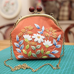 Orange DIY Wood Bead Kiss Lock Coin Purse Embroidery Kit, Including Embroidered Fabric, Embroidery Needles & Thread, Metal Purse Handle, Flower Pattern, Orange, 210x165x40mm