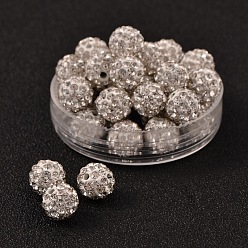 Cristal Perles de strass d'argile polymère , perles de boule pave disco , Grade a, ronde, la moitié foré, cristal, 10mm, Trou: 1mm