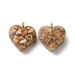 Peru Transparent Resin Natural Imperial Jasper Dyed Chips Pendants, with Golden Tone Brass Loops, Heart Charm, Peru, 16.5x15.5x6~6.5mm, Hole: 2mm