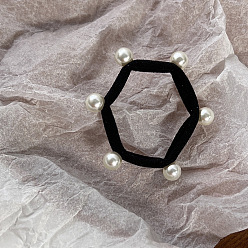 Black Hexagon Cloth Elastic Hair Accessories, Plastic Imitation Pearl Bead Hair Ties, for Girls or Women, Black, 50mm