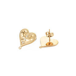Real 14K Gold Plated Ion Plating(IP) 304 Stainless Steel Stud Earring Findings, with Ear Nuts, Loop and Crystal Rhinestone, Heart, Real 14K Gold Plated, 17.5x16.5mm, Hole: 1.2mm, Pin: 0.7mm