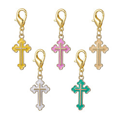 Mixed Color Alloy Enamel Pendant Decoration, with Zinc Alloy Lobster Claw Clasps, Cross, Mixed Color, 42mm