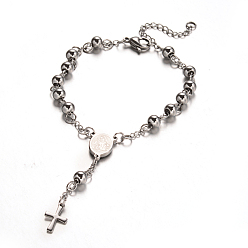 Couleur Acier Inoxydable Bracelets de perles de chapelet avec croix, 201 bracelet en acier inoxydable pour Pâques, ovale avec la Vierge Marie, couleur inox, 7-1/2 pouces (190 mm)