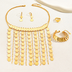 Real 18K Gold Plated Stainless Steel Coin Jewelry Set, Dangle Leverback Earrings & Link Chains Bracelets & Adjustable Rings & Tassel Bib Necklace, Real 18K Gold Plated, 6.69 inch(17cm), 18.11 inch(46cm), Inner Diameter: 16~18mm, 40x14mm