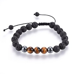Tiger Eye Natural Lava Rock and Non-Magnetic Synthetic Hematite Beads Braided Bead Bracelets, with Natural Tiger Eye, 2-1/8 inch~3 inch(5.3~7.8cm)