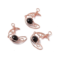 Obsidian Natural Obsidian Pendants, Moon Charms, with Rack Plating Rose Gold Tone Brass Findings, Cadmium Free & Lead Free, 31.5~33x22x8.5mm, Hole: 2.5~3mm