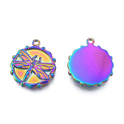 Rainbow Color Ion Plating(IP) 304 Stainless Steel Pendants, Flat Round with Dragonfly, Rainbow Color, 21x18x2.5mm, Hole: 1.6mm