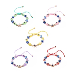 Mixed Color Evil Eye Resin Bead & Starfish Alloy Rhinestone Braided Beaded Bracelets for Girl Women, Adjustable Nylon Threads Cord Bracelet, Golden, Mixed Color, Inner Diameter: 1-7/8~3 inch(4.8~7.6cm)