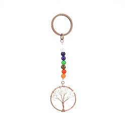 Quartz Crystal Flat Round with Tree of Life Natural Quartz Crystal Chips Keychains, with Chakra Round Gemstone and Brass Findings, for Car Backpack Pendant Accessories, 10.5cm