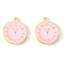 Pink Alloy Enamel Pendants, Light Gold, Cadmium Free & Lead Free, Clock, Pink, 17x14x2mm, Hole: 1.2mm