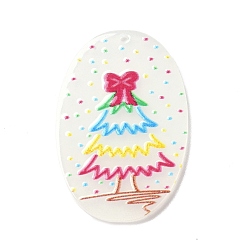 White Printed  Acrylic Pendants, for Christmas, Oval with Chriatmas Tree Charm, White, 39.5x26x2mm, Hole: 1.6mm