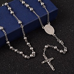 Stainless Steel Color Crucifix Cross Stainless Steel Rosary Bead Necklaces, 304 Stainless Steel Chain with 201 Stainless Steel Findings, For Easter, Stainless Steel Color, 27.6 inch(70cm)
