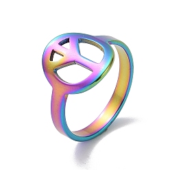 Rainbow Color Ion Plating(IP) 201 Stainless Steel Peace Sign Finger Ring, Hollow Wide Ring for Women, Rainbow Color, US Size 6 1/2(16.9mm)