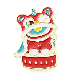 Colorful Chinese Style Dancing Lion Enamel Pins, Golden Tone Alloy Brooches for Women, Colorful, 34.5x25x1.5mm
