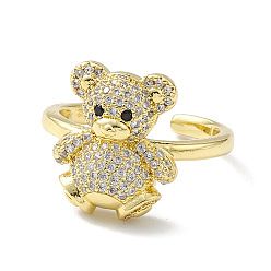 Real 18K Gold Plated Clear Cubic Zirconia Bear Open Cuff Ring, Rack Plating Brass Jewelry for Women, Lead Free & Cadmium Free, Real 18K Gold Plated, US Size 7(17.3mm)