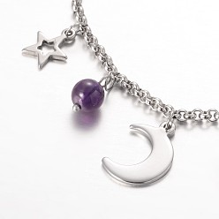 Amethyst Moon & Star Stainless Steel Gemstone Charm Bracelets, with Lobster Claw Clasps, Amethyst, 7-1/4 inch(185mm)