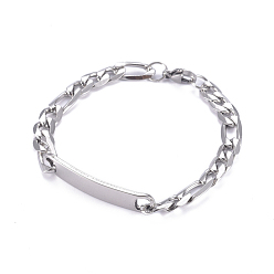 Stainless Steel Color 304 Stainless Steel Figaro Chain ID Bracelets, with Lobster Claw Clasps, Stainless Steel Color, 8-1/2 inch(21.5cm)