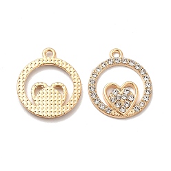 Oro Colgantes de aleación de rhinestone, encantos de anillo y corazón, dorado, 21x18x2 mm, agujero: 1.5 mm