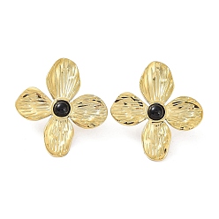 Black Stone Natural Black Stone Flower Stud Earrings, Real 18K Gold Plated 304 Stainless Steel Earrings, 32.5x30mm