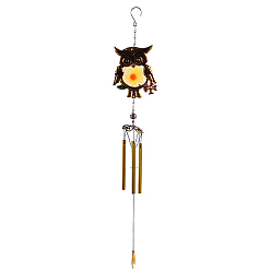 Amarillo Campanas de viento de tubo de metal, decoraciones colgantes de vidrio y arte del hierro, búho, amarillo, 800x120 mm